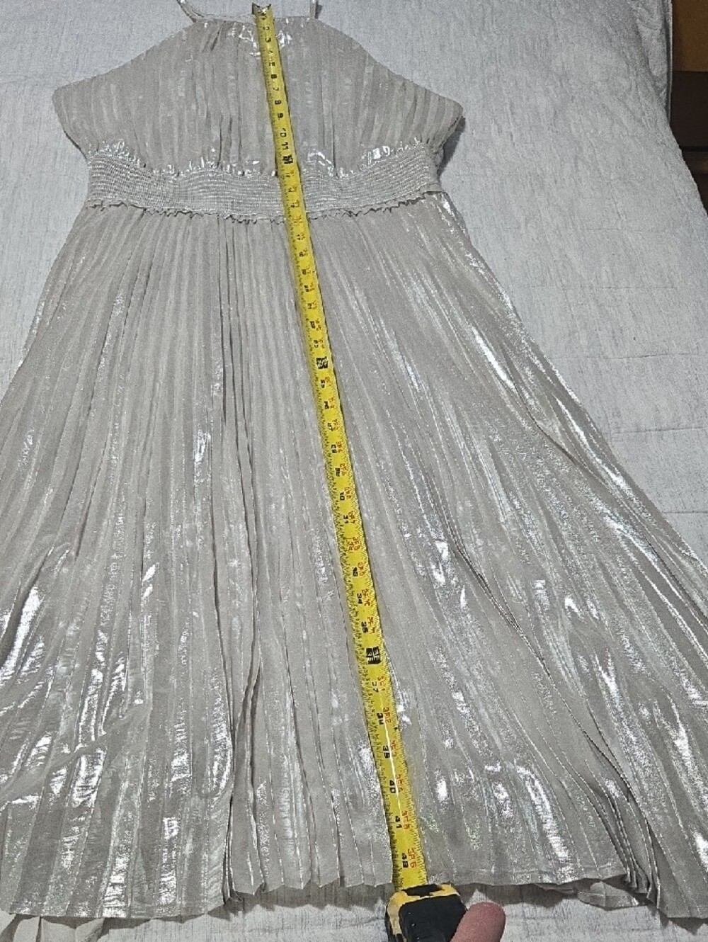 Express Metallic Pleated Halter Dress - Silver/Cream - Picture 8 of 13